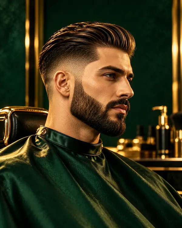 Slick-back style with a taper fade and full beard